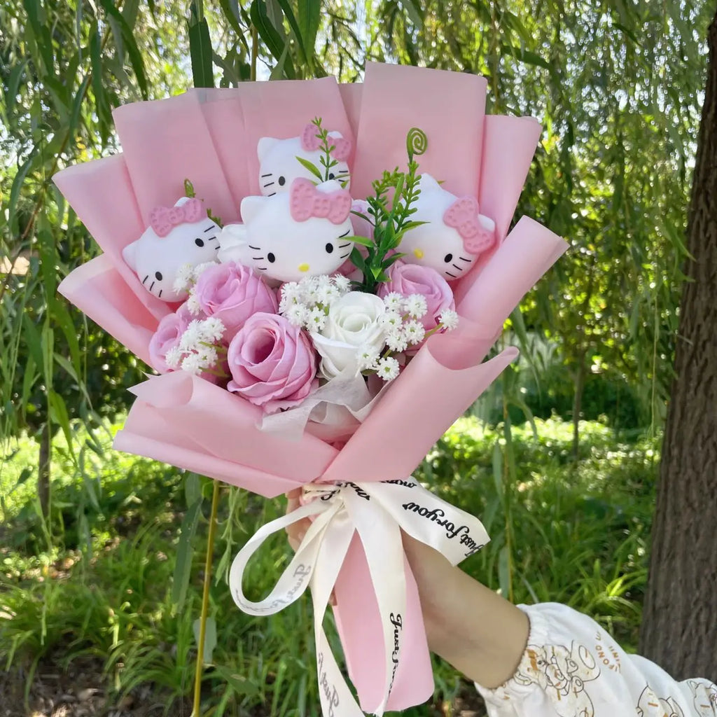 TwoCutesy™ Kawaii Kitty Cat Dolls With Artificial Flowers Bouquet