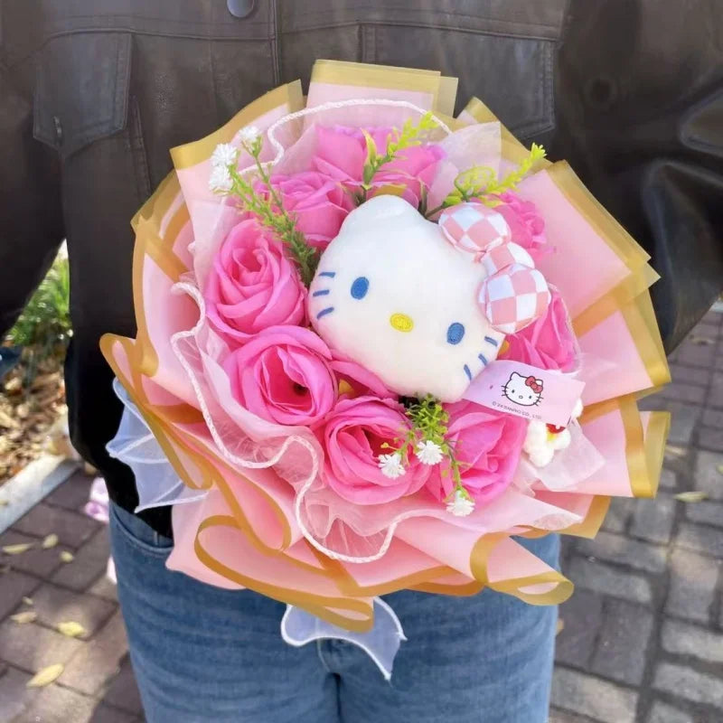 TwoCutesy™ Kawaii Kitty Cat Dolls With Artificial Flowers Bouquet