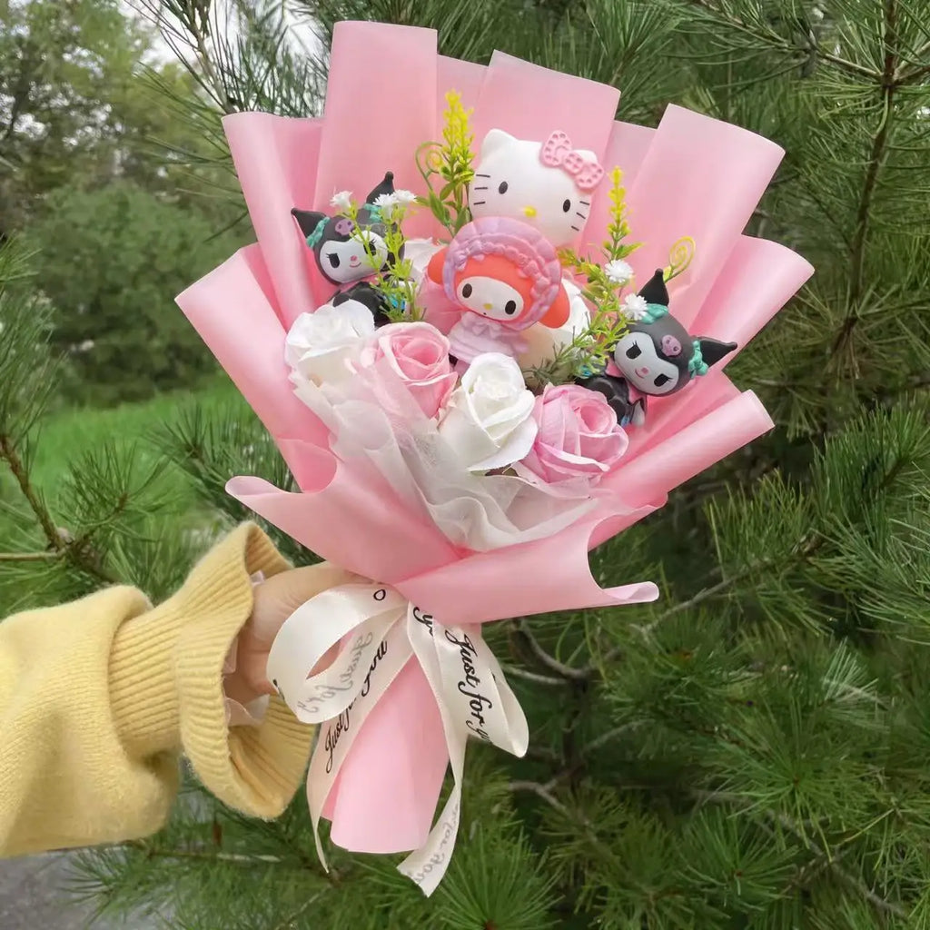 TwoCutesy™ Kawaii Kitty Cat Dolls With Artificial Flowers Bouquet